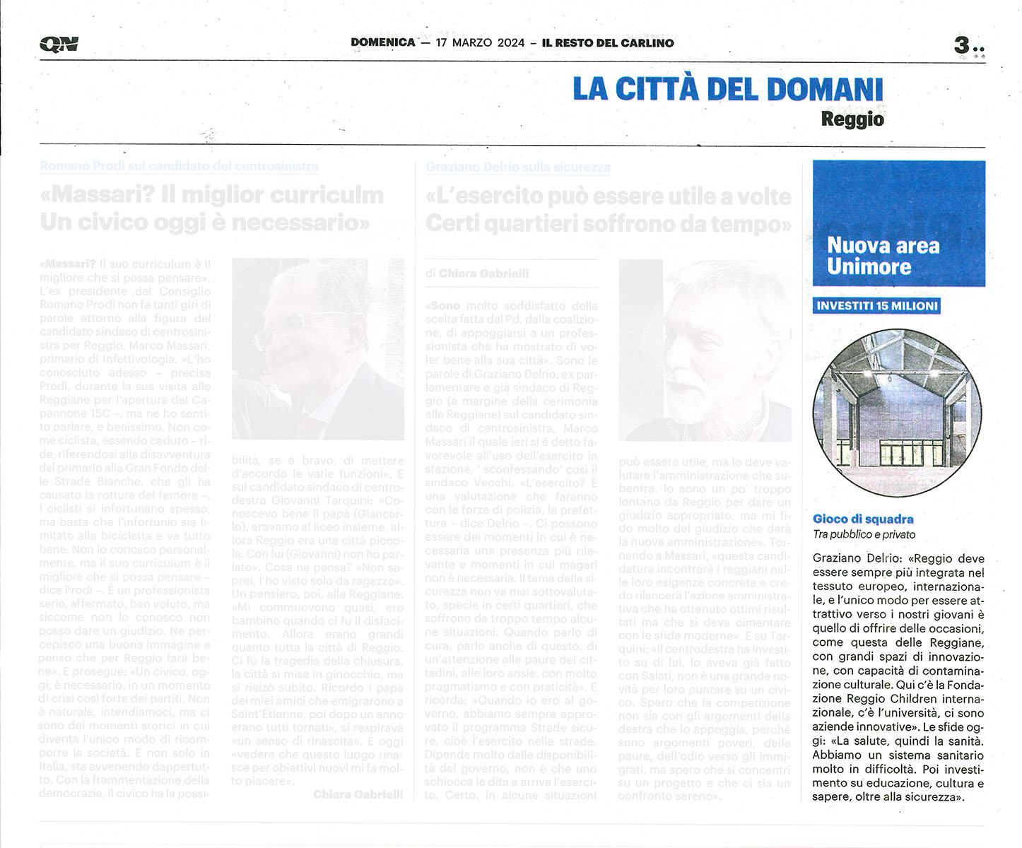 QN Il Resto del Carlino 11 marzo 24 pagina 3 Unimore Capannone 15C