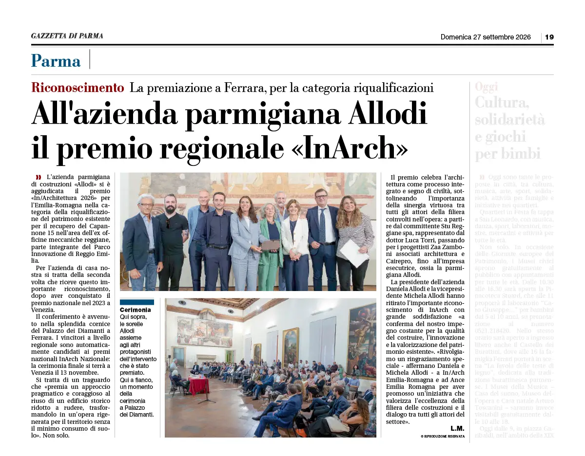 Gazzetta di Parma 27 Settembre 2026 - Premio INArch Impresa Allodi